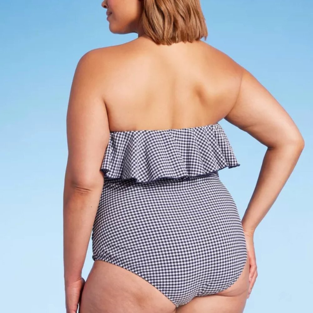Kona Sol Blue Bandeau Flounce Front Ruched High Coverage 1-Piece Swimsuit Size L - Picture 2 of 11